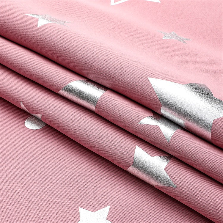 Pink Curtains Bedroom Silver Star Moon Print  Thermal Insulated Room Darkening Treatment Grommet Drapes for Living Room/Kids Set of 2 Panels