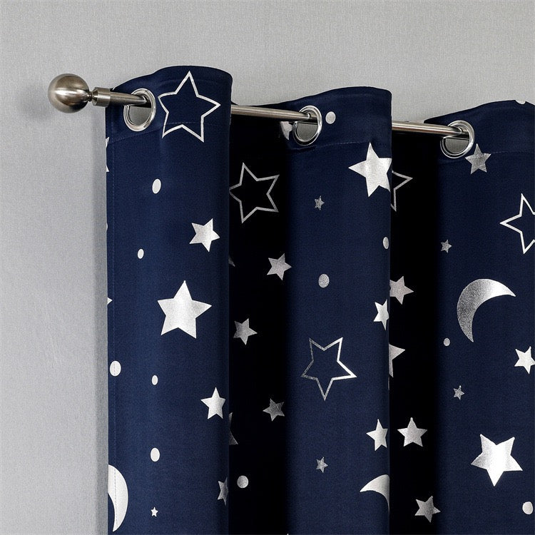 Navy Curtains Bedroom Silver Star Moon Print  Thermal Insulated Room Darkening Treatment Grommet Drapes for Living Room/Kids Set of 2 Panels