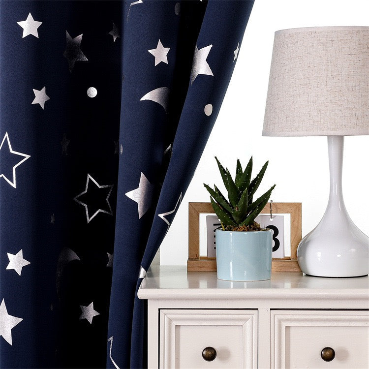Navy Curtains Bedroom Silver Star Moon Print  Thermal Insulated Room Darkening Treatment Grommet Drapes for Living Room/Kids Set of 2 Panels