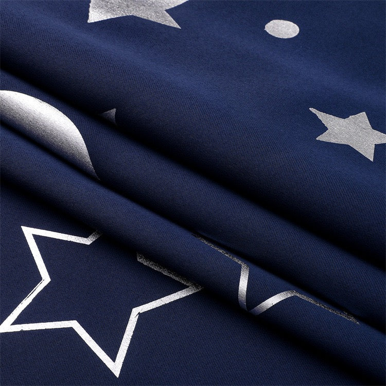 Navy Curtains Bedroom Silver Star Moon Print  Thermal Insulated Room Darkening Treatment Grommet Drapes for Living Room/Kids Set of 2 Panels