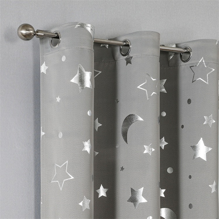 Grey Curtains Bedroom Silver Star Moon Print  Thermal Insulated Room Darkening Treatment Grommet Drapes for Living Room/Kids Set of 2 Panels