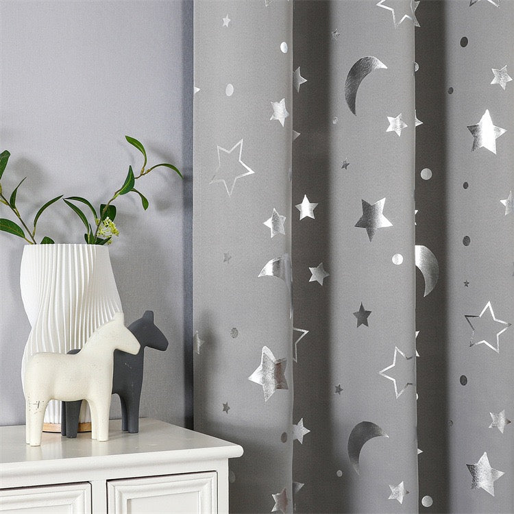 Grey Curtains Bedroom Silver Star Moon Print  Thermal Insulated Room Darkening Treatment Grommet Drapes for Living Room/Kids Set of 2 Panels