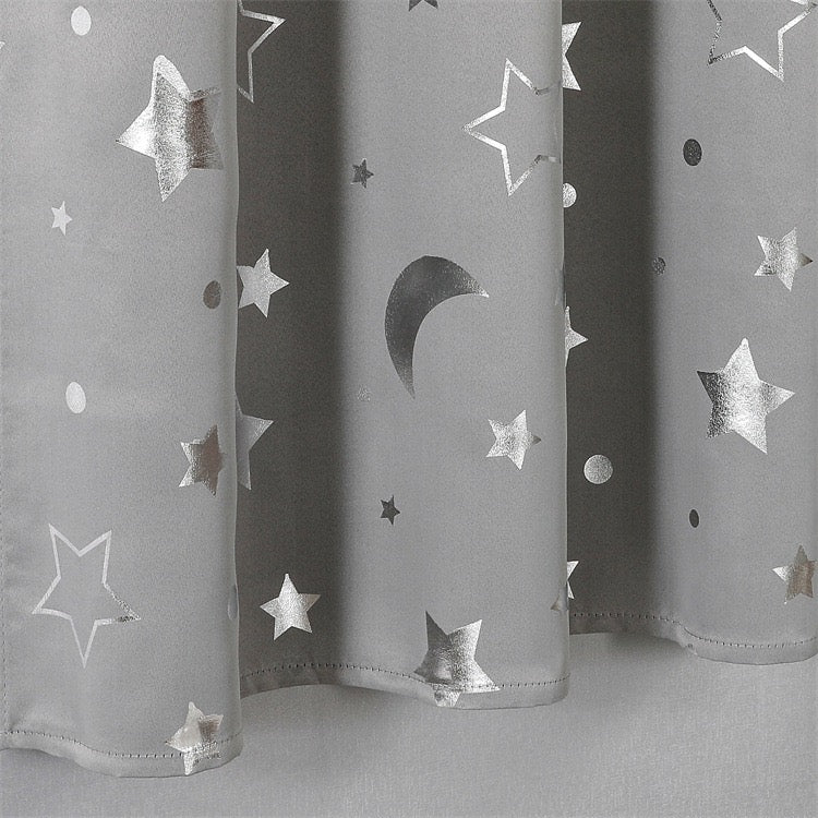 Grey Curtains Bedroom Silver Star Moon Print  Thermal Insulated Room Darkening Treatment Grommet Drapes for Living Room/Kids Set of 2 Panels