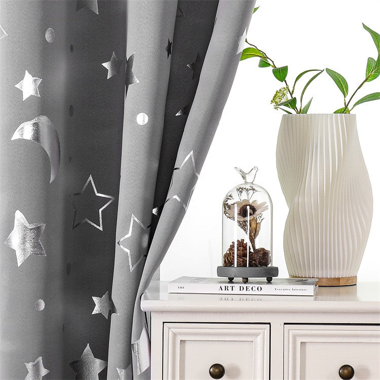 Grey Curtains Bedroom Silver Star Moon Print  Thermal Insulated Room Darkening Treatment Grommet Drapes for Living Room/Kids Set of 2 Panels