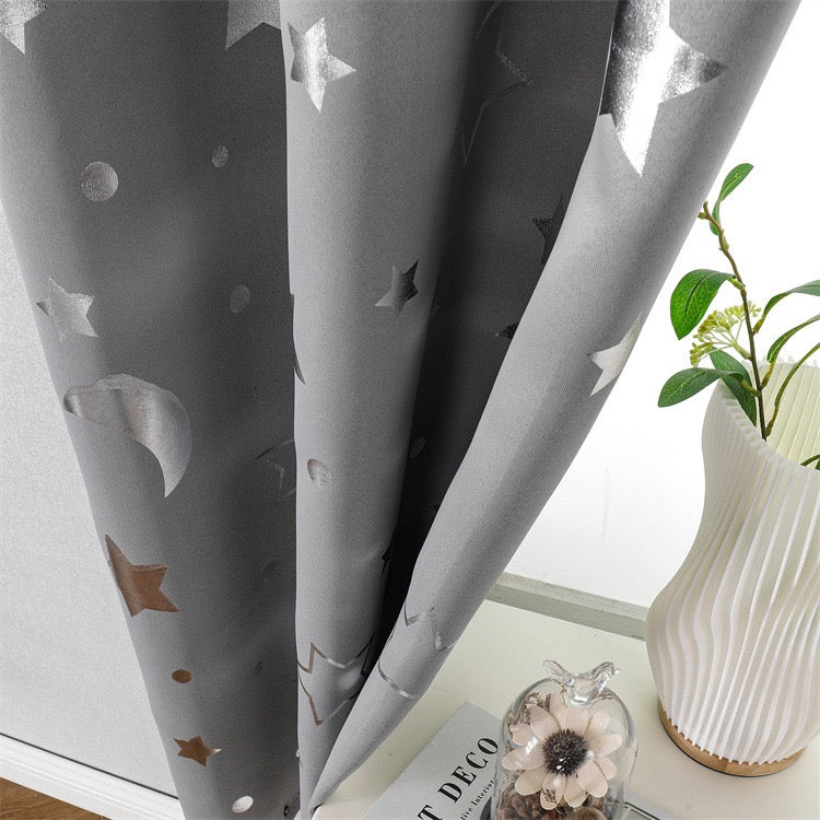 Grey Curtains Bedroom Silver Star Moon Print  Thermal Insulated Room Darkening Treatment Grommet Drapes for Living Room/Kids Set of 2 Panels