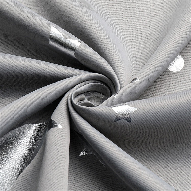 Grey Curtains Bedroom Silver Star Moon Print  Thermal Insulated Room Darkening Treatment Grommet Drapes for Living Room/Kids Set of 2 Panels