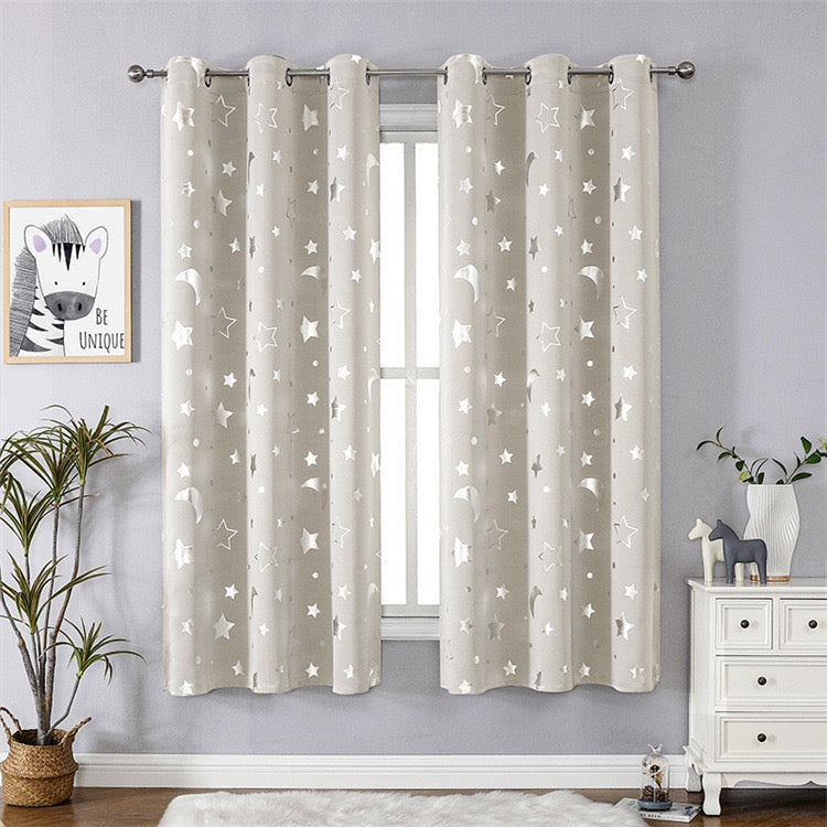 Beige Curtains Bedroom Silver Star Moon Print  Thermal Insulated Room Darkening Treatment Grommet Drapes for Living Room/Kids Set of 2 Panels