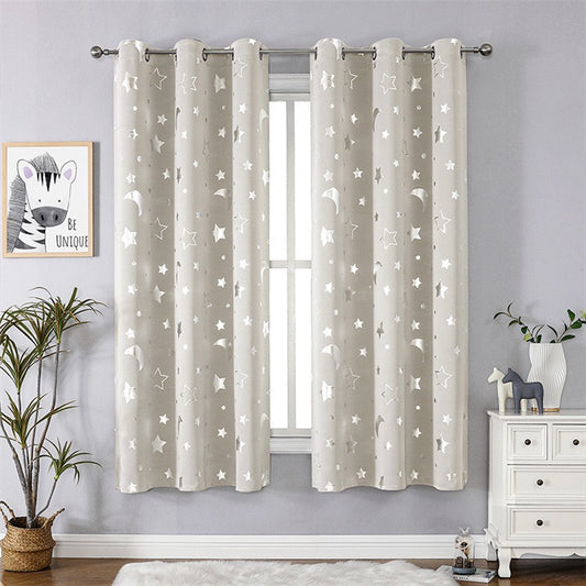 Beige Curtains Bedroom Silver Star Moon Print  Thermal Insulated Room Darkening Treatment Grommet Drapes for Living Room/Kids Set of 2 Panels