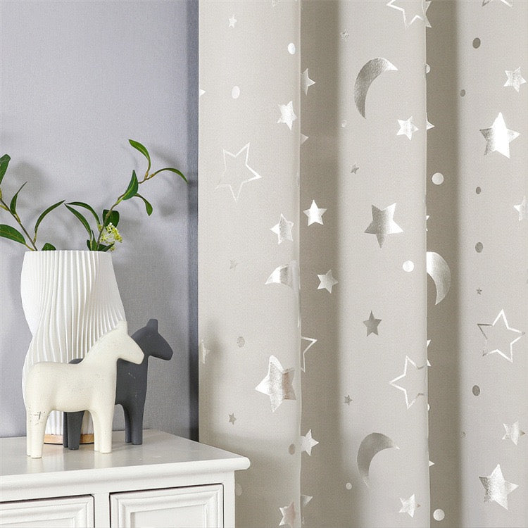 Beige Curtains Bedroom Silver Star Moon Print  Thermal Insulated Room Darkening Treatment Grommet Drapes for Living Room/Kids Set of 2 Panels