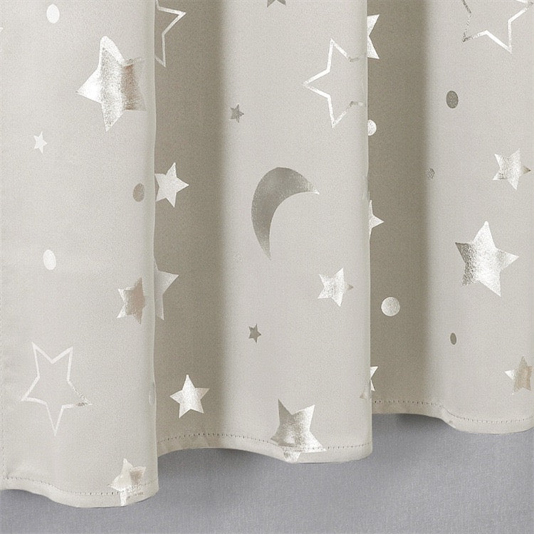 Beige Curtains Bedroom Silver Star Moon Print  Thermal Insulated Room Darkening Treatment Grommet Drapes for Living Room/Kids Set of 2 Panels