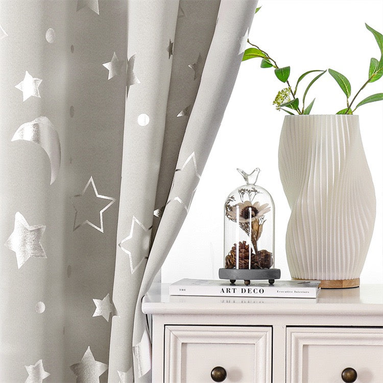 Beige Curtains Bedroom Silver Star Moon Print  Thermal Insulated Room Darkening Treatment Grommet Drapes for Living Room/Kids Set of 2 Panels