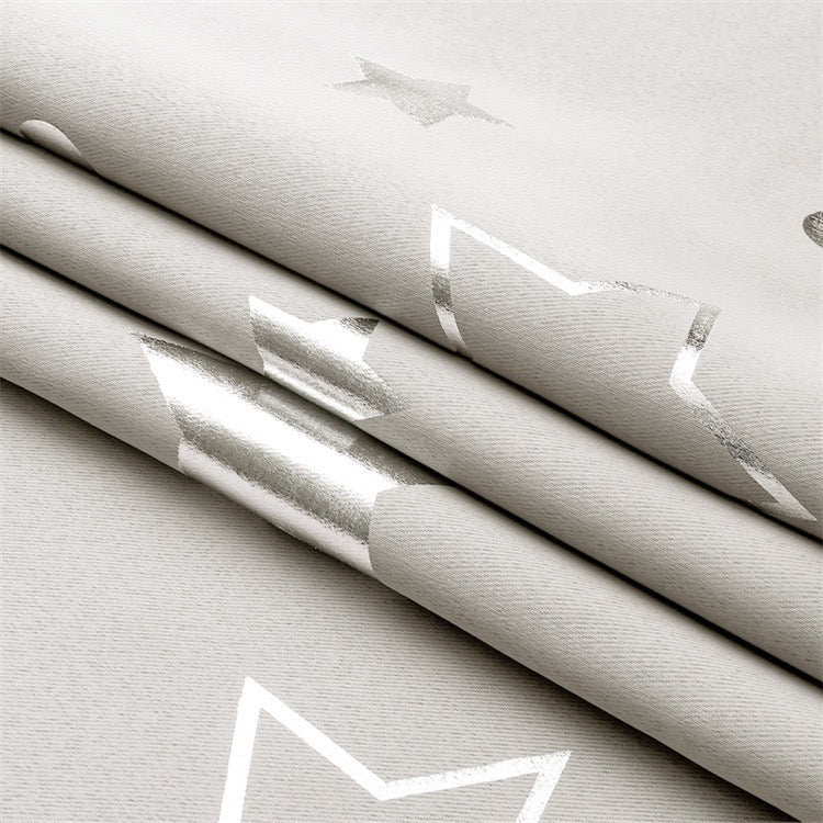 Beige Curtains Bedroom Silver Star Moon Print  Thermal Insulated Room Darkening Treatment Grommet Drapes for Living Room/Kids Set of 2 Panels