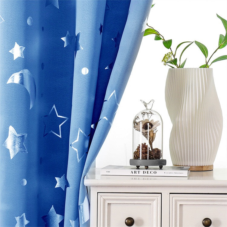 Blue Curtains Bedroom Silver Star Moon Print  Thermal Insulated Room Darkening Treatment Grommet Drapes for Living Room/Kids Set of 2 Panels