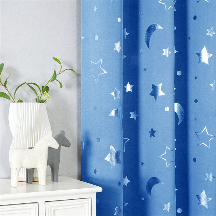 Blue Curtains Bedroom Silver Star Moon Print  Thermal Insulated Room Darkening Treatment Grommet Drapes for Living Room/Kids Set of 2 Panels