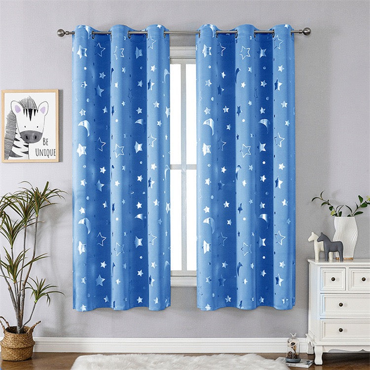 Blue Curtains Bedroom Silver Star Moon Print  Thermal Insulated Room Darkening Treatment Grommet Drapes for Living Room/Kids Set of 2 Panels