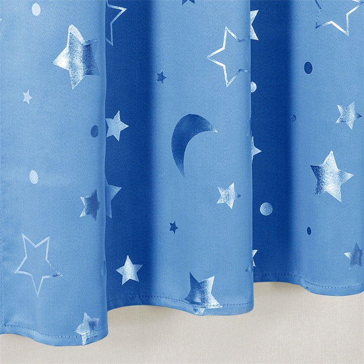 Blue Curtains Bedroom Silver Star Moon Print  Thermal Insulated Room Darkening Treatment Grommet Drapes for Living Room/Kids Set of 2 Panels