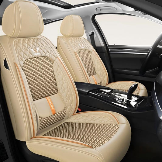 Universal PU Leather Car Seat Covers - Front 2 or Full 5 Seat Set, Waterproof Easy Install Car Seat Protectors, Custom Fit for Most Cars ,Beige