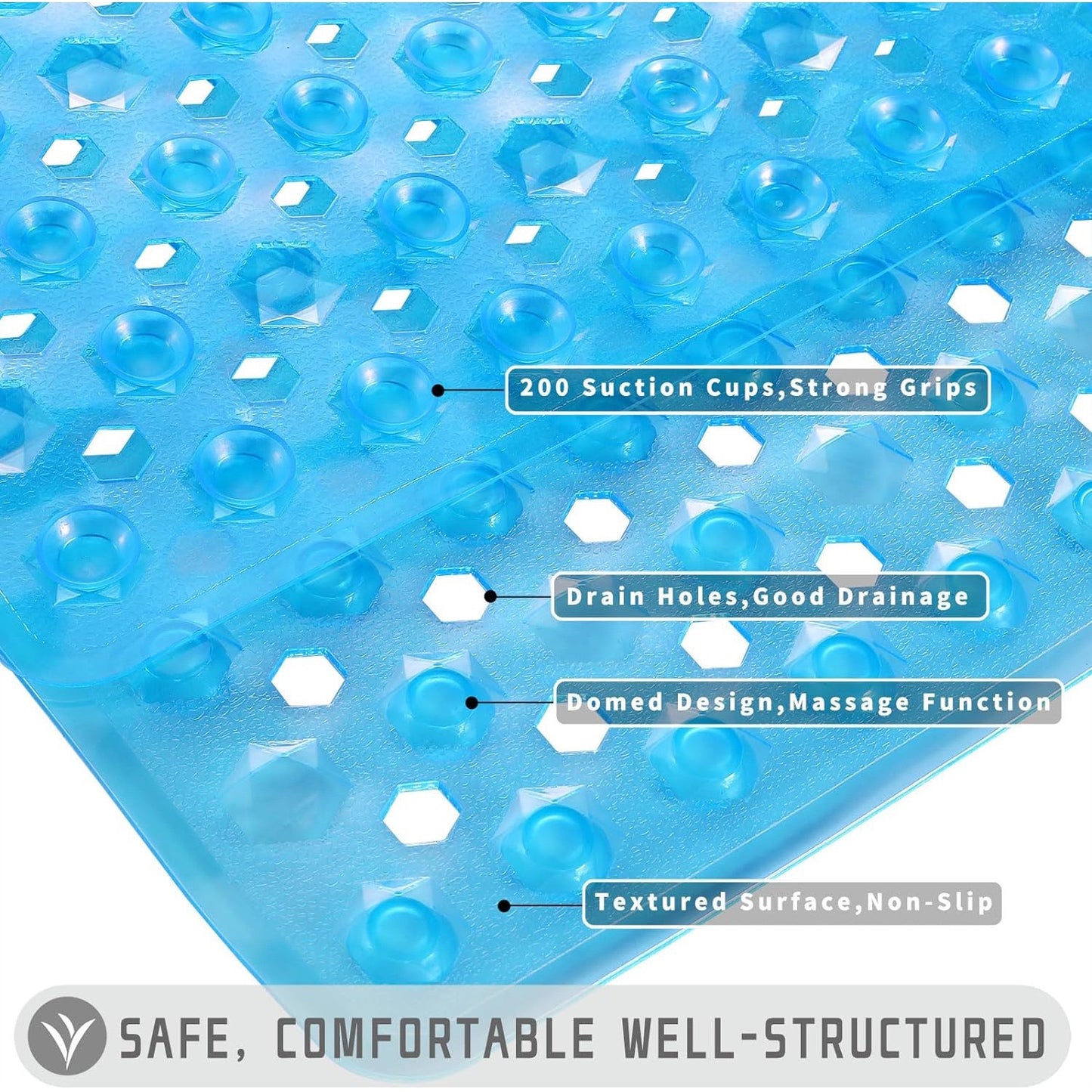 Bath Tub Shower Mat, Machine Washable Floor Liner Mats, Suction Cups and Drain Holes to Keep Tubs Clean, Soft on Feet, Bathroom Essentials,Blue