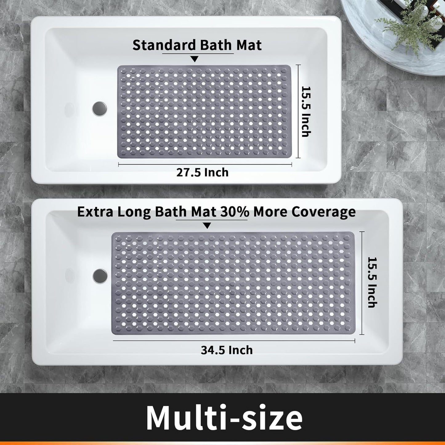 Bath Tub Shower Mat, Machine Washable Floor Liner Mats, Suction Cups and Drain Holes to Keep Tubs Clean, Soft on Feet, Bathroom Essentials,Grey