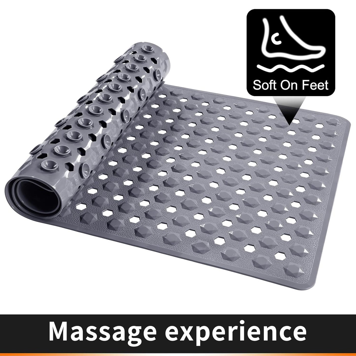 Bath Tub Shower Mat, Machine Washable Floor Liner Mats, Suction Cups and Drain Holes to Keep Tubs Clean, Soft on Feet, Bathroom Essentials,Grey