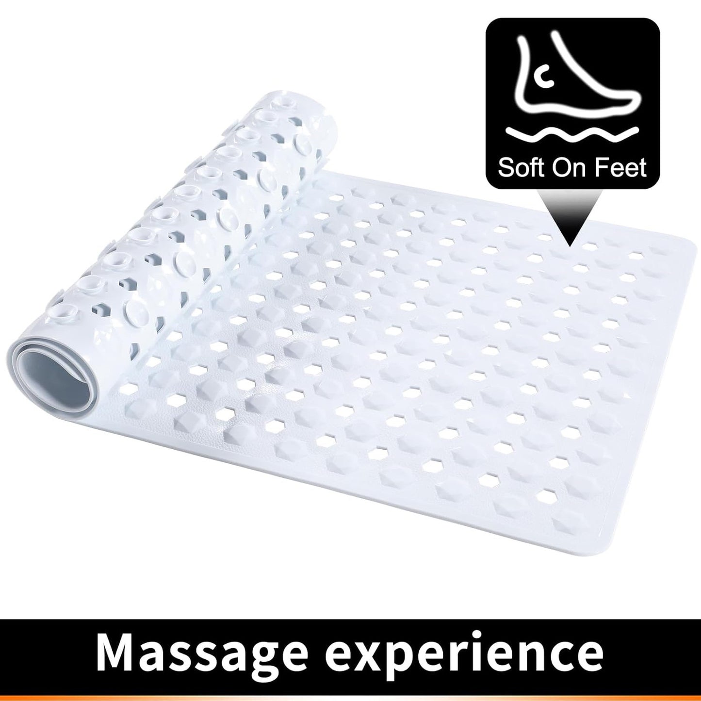 Bath Tub Shower Mat, Machine Washable Floor Liner Mats, Suction Cups and Drain Holes to Keep Tubs Clean, Soft on Feet, Bathroom Essentials,White