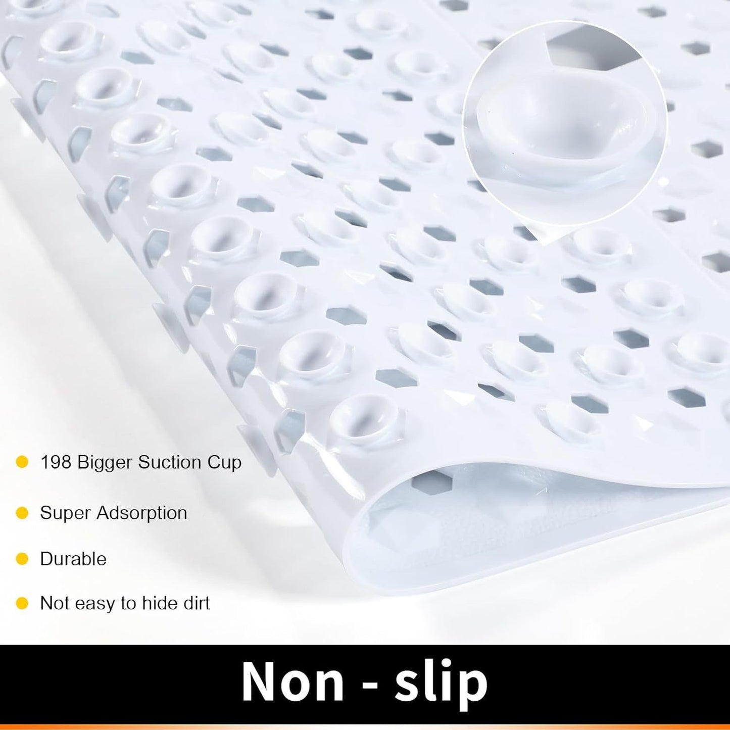 Bath Tub Shower Mat, Machine Washable Floor Liner Mats, Suction Cups and Drain Holes to Keep Tubs Clean, Soft on Feet, Bathroom Essentials,White