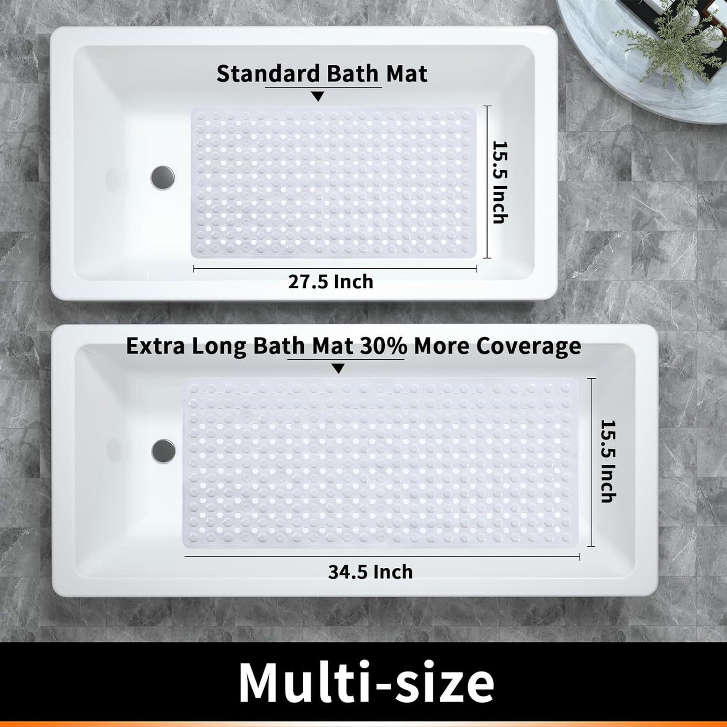 Bath Tub Shower Mat, Machine Washable Floor Liner Mats, Suction Cups and Drain Holes to Keep Tubs Clean, Soft on Feet, Bathroom Essentials,White