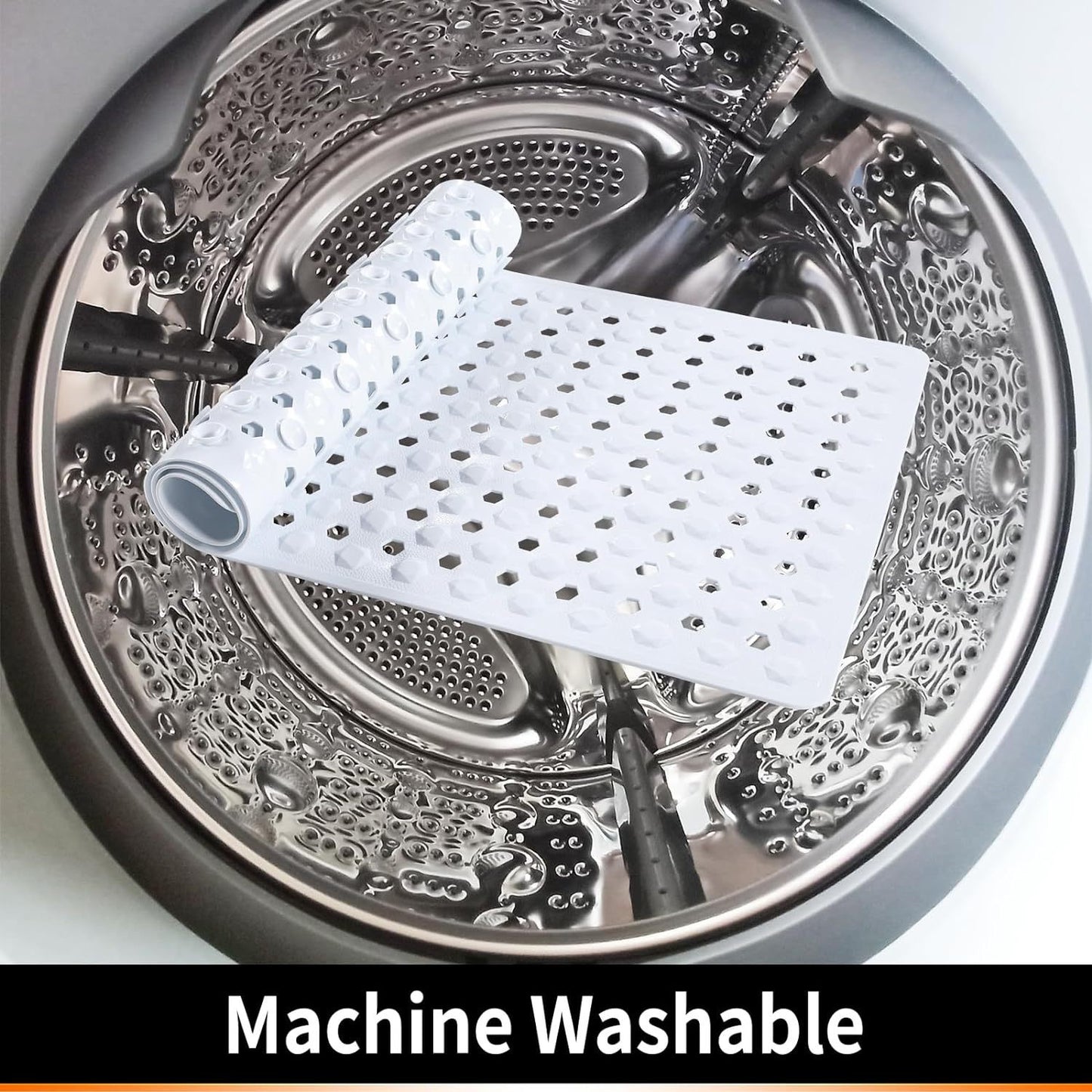 Bath Tub Shower Mat, Machine Washable Floor Liner Mats, Suction Cups and Drain Holes to Keep Tubs Clean, Soft on Feet, Bathroom Essentials,White