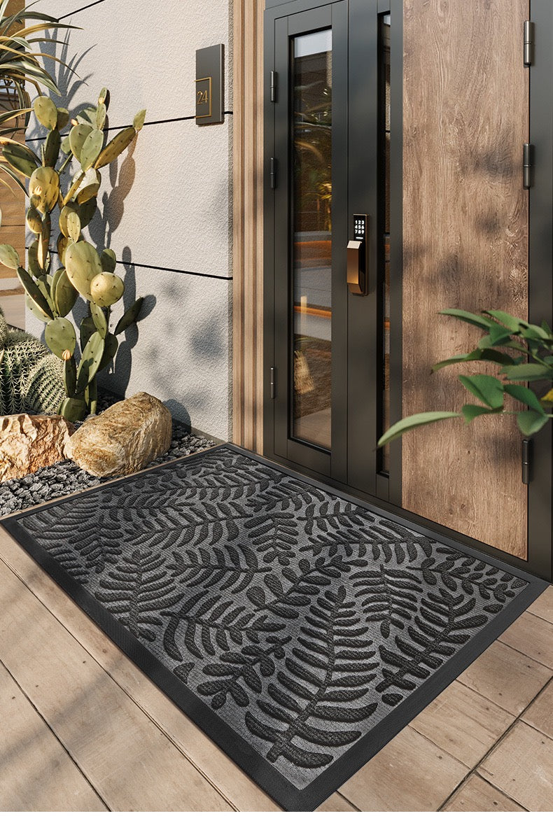 100% Waterproof All-Season Doormat, Natural Rubber, Stain and Fade Resistant, Low Profile Indoor Outdoor Door Mats, Easy Clean Patio Mat,Fern Grey