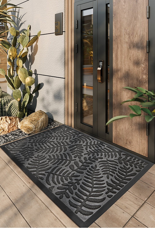 100% Waterproof All-Season Doormat, Natural Rubber, Stain and Fade Resistant, Low Profile Indoor Outdoor Door Mats, Easy Clean Patio Mat,Fern Grey