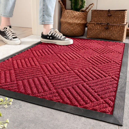 100% Waterproof All-Season Doormat, Natural Rubber, Stain and Fade Resistant, Low Profile Indoor Outdoor Door Mats, Easy Clean Patio Mat,Diamond Red