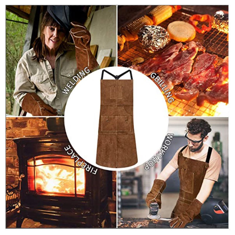 Leather Welding Work Apron with 6 Tool Pockets, Heat & Flame Resistant Welder Aprons, 24" x 36", Adjustable M to XXXL,Taupe