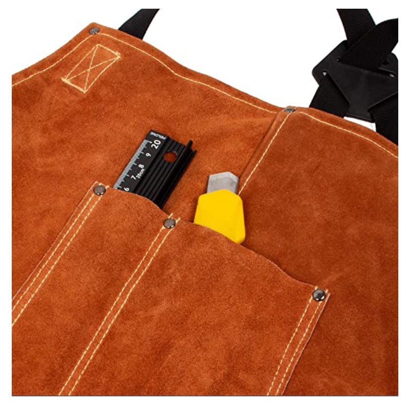 Leather Welding Work Apron with 6 Tool Pockets, Heat & Flame Resistant Welder Aprons, 24" x 36", Adjustable M to XXXL,Brown