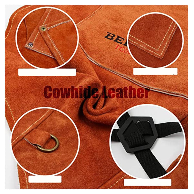 Leather Welding Work Apron with 6 Tool Pockets, Heat & Flame Resistant Welder Aprons, 24" x 36", Adjustable M to XXXL,Brown