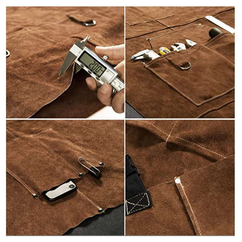 Leather Welding Work Apron with 6 Tool Pockets, Heat & Flame Resistant Welder Aprons, 24" x 36", Adjustable M to XXXL,Taupe