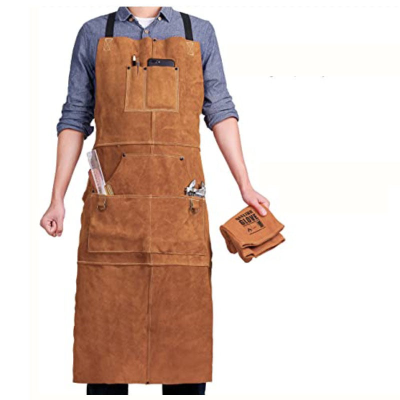 Leather Welding Work Apron with 6 Tool Pockets, Heat & Flame Resistant Welder Aprons, 24" x 36", Adjustable M to XXXL,Taupe