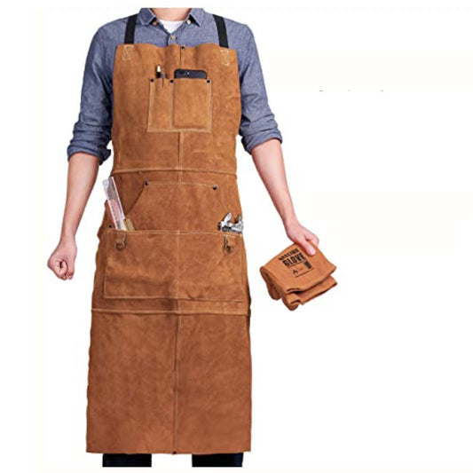 Leather Welding Work Apron with 6 Tool Pockets, Heat & Flame Resistant Welder Aprons, 24" x 36", Adjustable M to XXXL,Taupe
