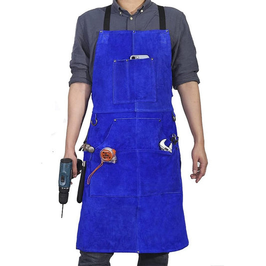 Leather Welding Work Apron with 6 Tool Pockets, Heat & Flame Resistant Welder Aprons, 24" x 36", Adjustable M to XXXL,Blue