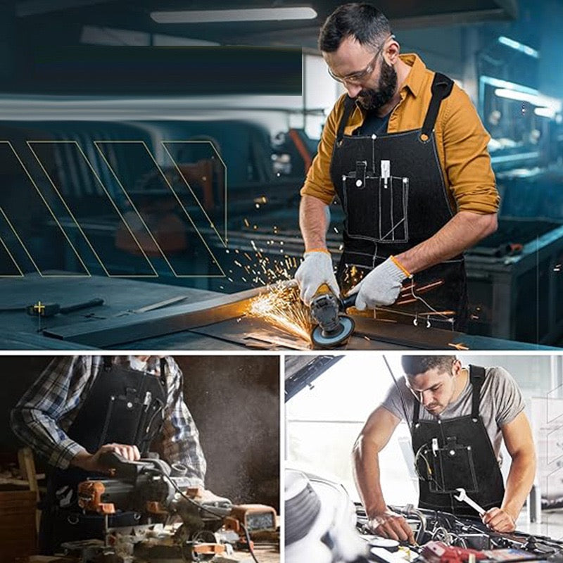 Leather Welding Work Apron with 6 Tool Pockets, Heat & Flame Resistant Welder Aprons, 24" x 36", Adjustable M to XXXL,Black