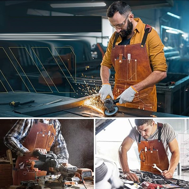 Leather Welding Work Apron with 6 Tool Pockets, Heat & Flame Resistant Welder Aprons, 24" x 36", Adjustable M to XXXL,Taupe