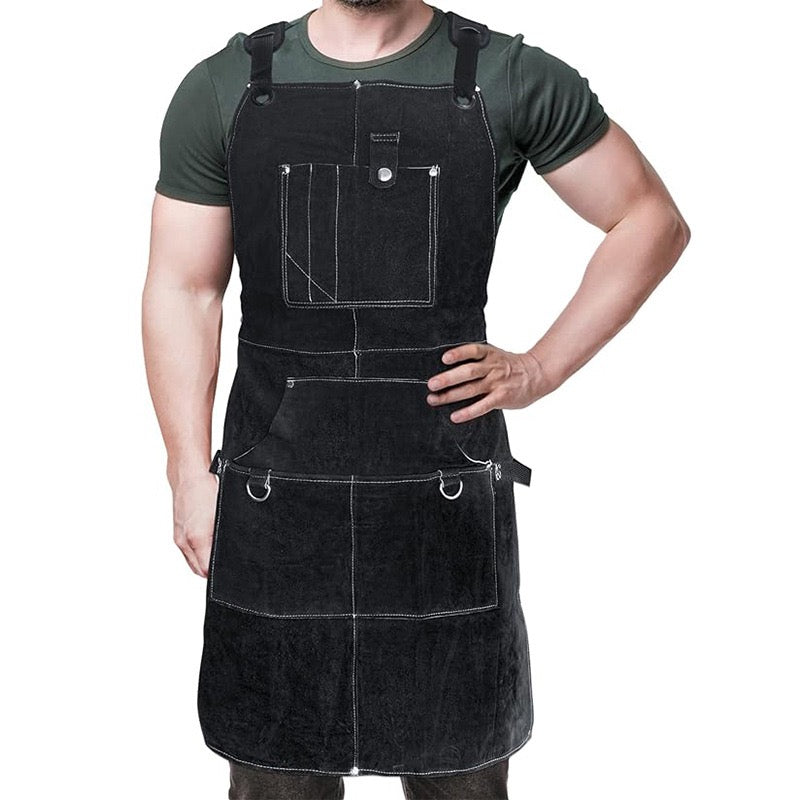 Leather Welding Work Apron with 6 Tool Pockets, Heat & Flame Resistant Welder Aprons, 24" x 36", Adjustable M to XXXL,Black