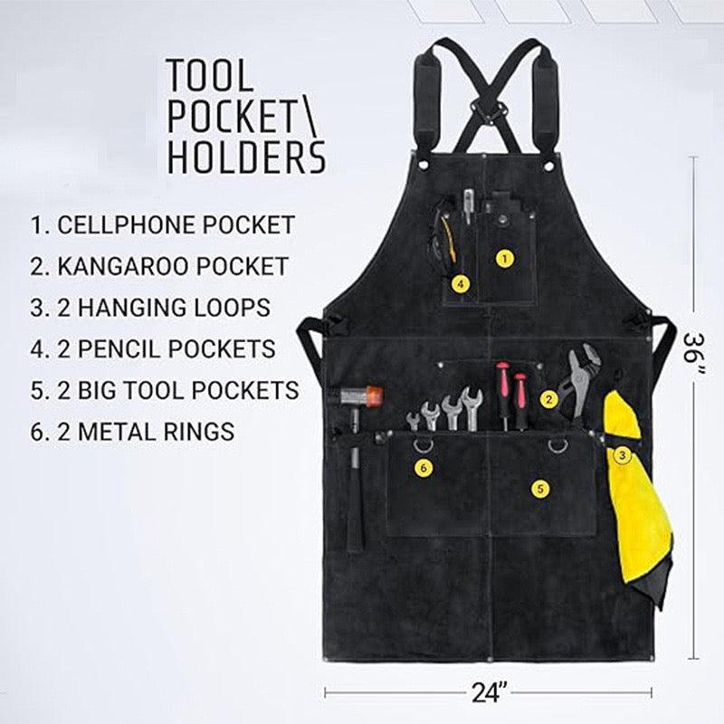 Leather Welding Work Apron with 6 Tool Pockets, Heat & Flame Resistant Welder Aprons, 24" x 36", Adjustable M to XXXL,Black