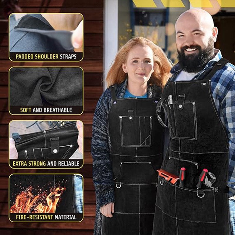 Leather Welding Work Apron with 6 Tool Pockets, Heat & Flame Resistant Welder Aprons, 24" x 36", Adjustable M to XXXL,Black