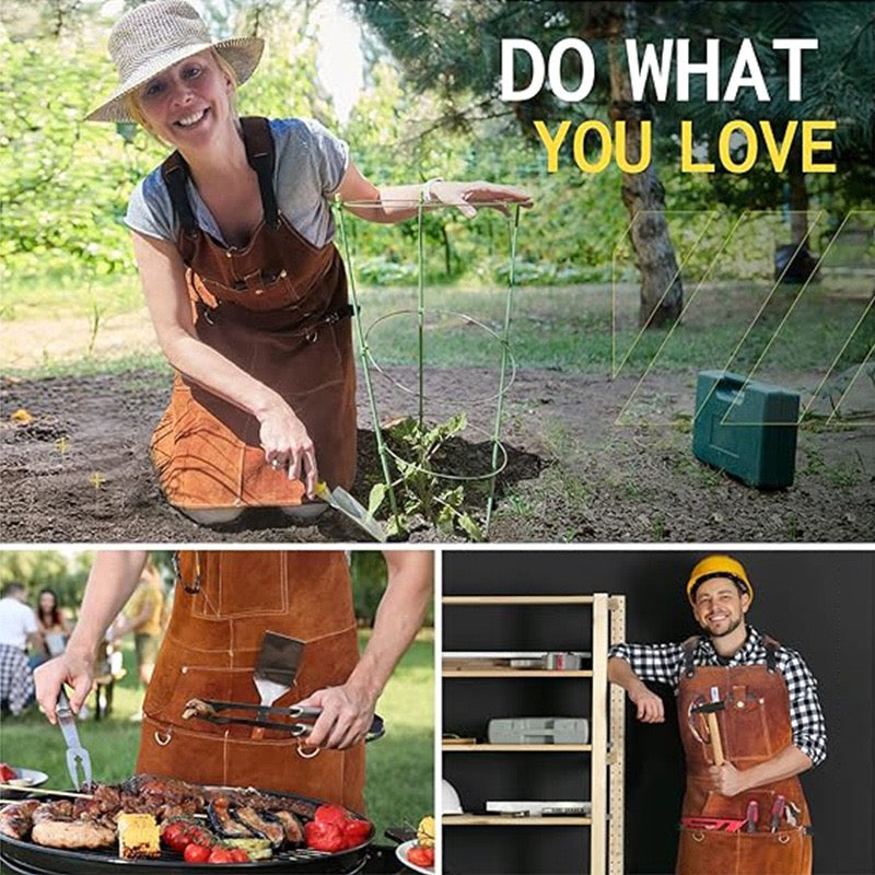 Leather Welding Work Apron with 6 Tool Pockets, Heat & Flame Resistant Welder Aprons, 24" x 36", Adjustable M to XXXL,Taupe