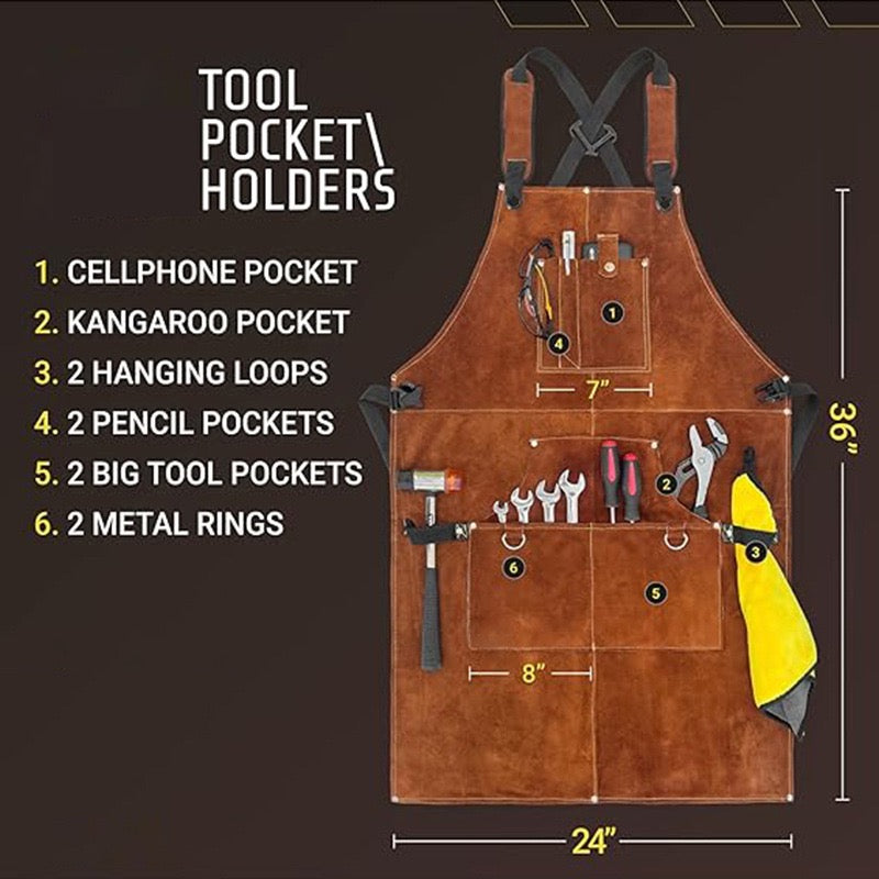 Leather Welding Work Apron with 6 Tool Pockets, Heat & Flame Resistant Welder Aprons, 24" x 36", Adjustable M to XXXL,Brown