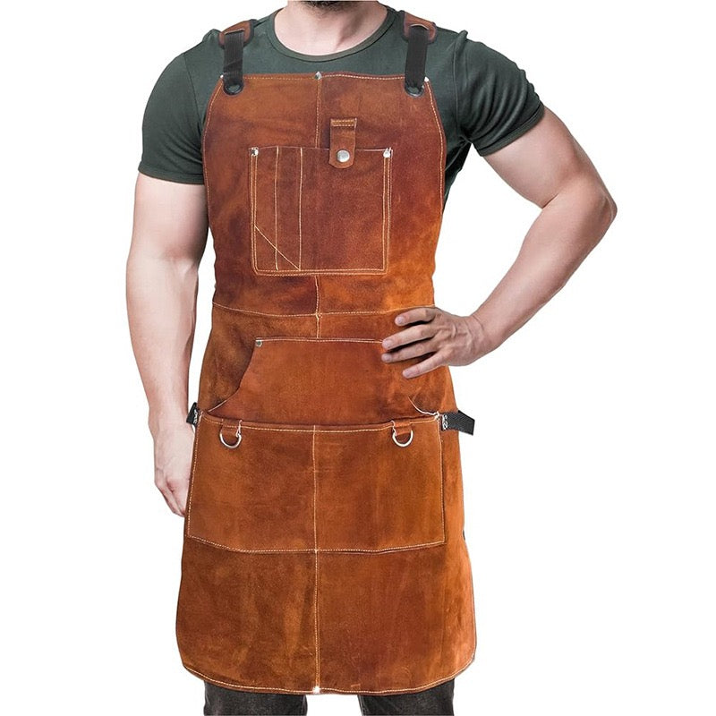 Leather Welding Work Apron with 6 Tool Pockets, Heat & Flame Resistant Welder Aprons, 24" x 36", Adjustable M to XXXL,Brown