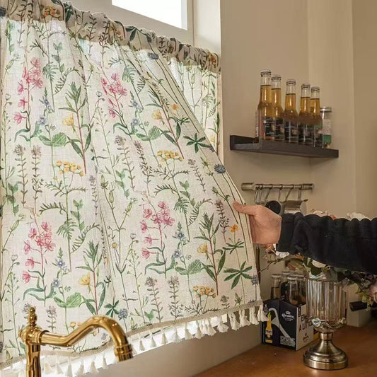 Floral Kitchen Valances for Windows, Modern Farmhouse Botanical Vintage Chic Linen Tassel Curtain Valances for Bathroom Dining Living Room