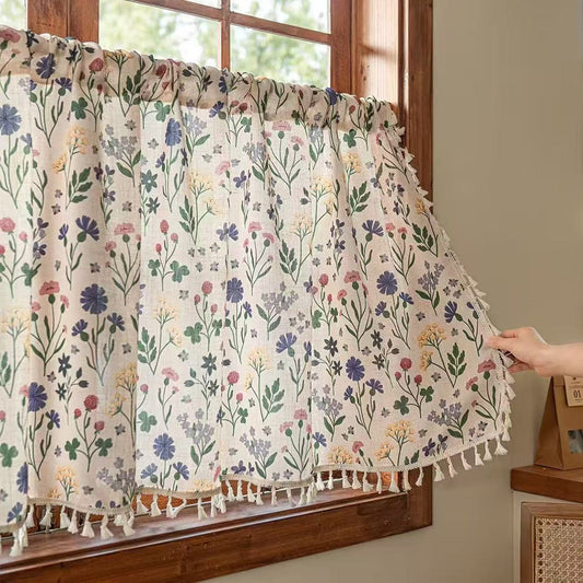 Floral and Leaves Kitchen Valances for Windows, Modern Farmhouse Botanical Vintage Chic Linen Tassel Curtain Valances for Bathroom Dining Living Room