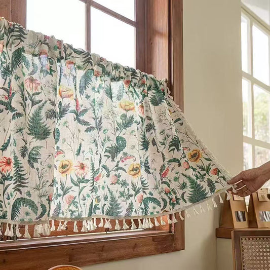 Floral Kitchen Valances for Windows, Modern Farmhouse Botanical Vintage Chic Linen Tassel Curtain Valances for Bathroom Dining Living Room Bohemian Decor