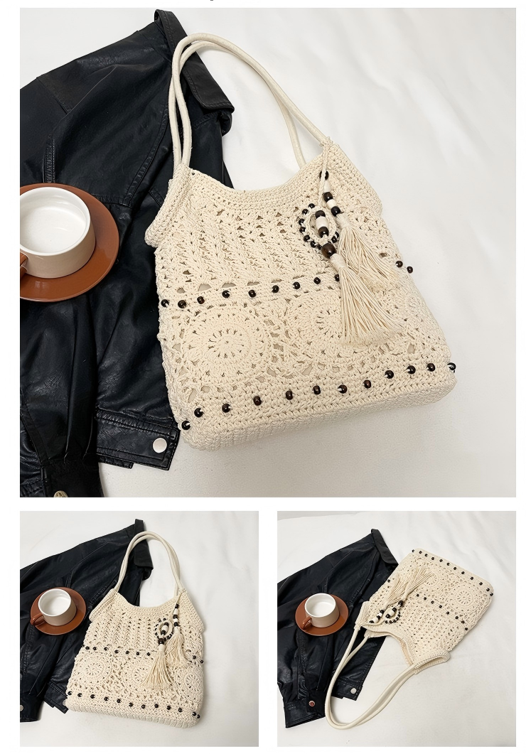 The Hobo Bag - Hand Crochet Large Women's Purse for Everyday & Travel - Durable Handbag & Tote With Zipper Pocket,Beige
